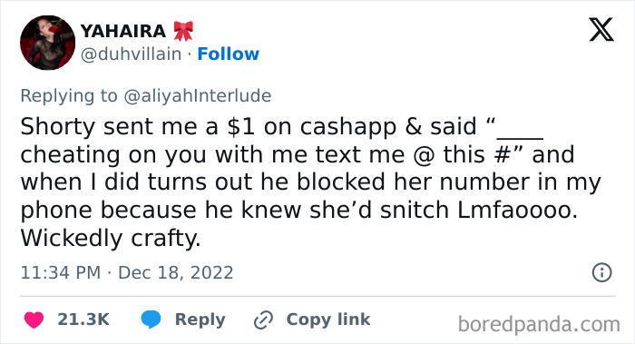 Tweet about a crafty cheating confession sent via CashApp