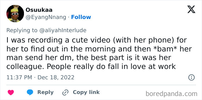 Tweet about recording a cute video revealing cheating at work