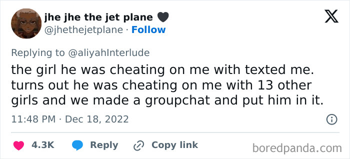 Tweet about group chat exposing a guy cheating with multiple girls