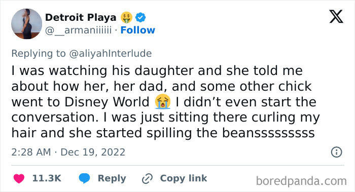 Tweet about a child revealing cheating story involving a Disney trip