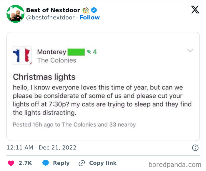 Neighbor requests turning off Christmas lights early for cats to sleep.