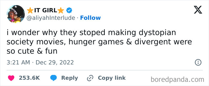 A tweet questioning the stop of dystopian society movies like Hunger Games and Divergent, part of hilarious cinephile tweets.