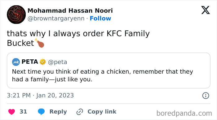 A Twitter screenshot showing a Comeback to PETA about KFC Family Bucket, highlighting clever replies and witty comebacks.