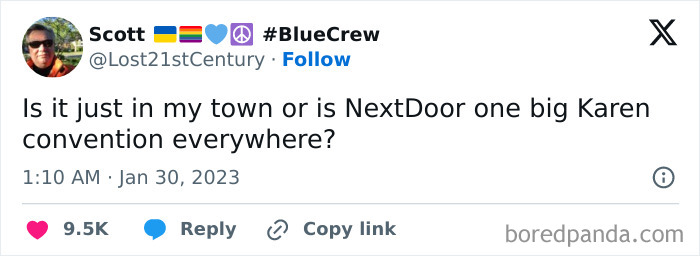 Tweet questioning if Nextdoor is full of Karen neighbors