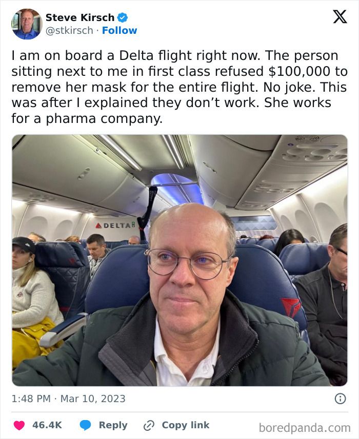 Man taking selfie on Delta flight with tweet about mask refusal and pharma company