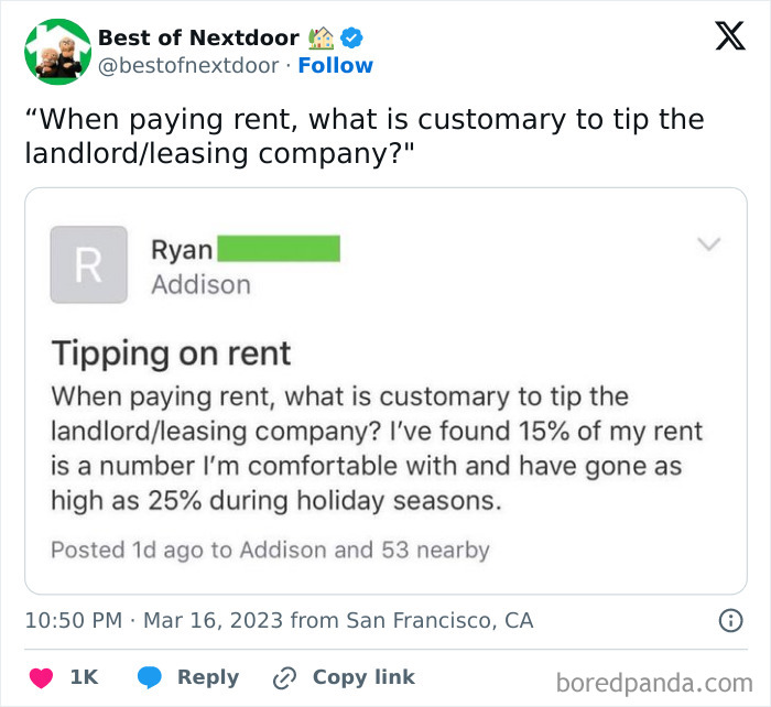 Post about customary tipping practices for landlords on Nextdoor