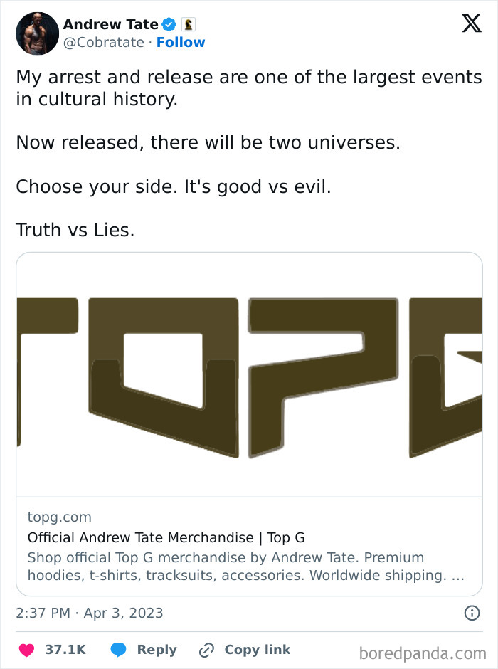 Andrew Tate tweets about arrest release and cultural impact with merchandise link