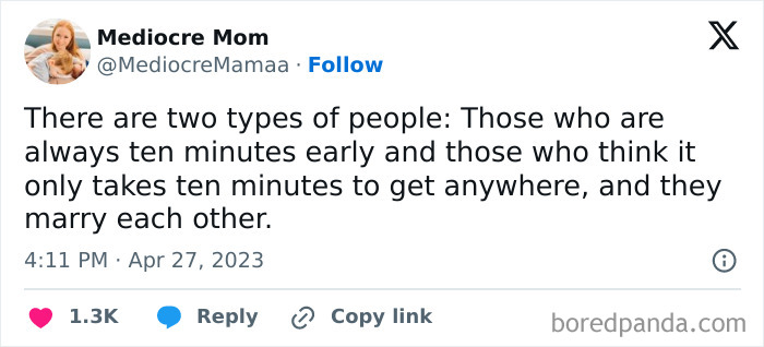 Tweet about two types of people and married life humor on punctuality
