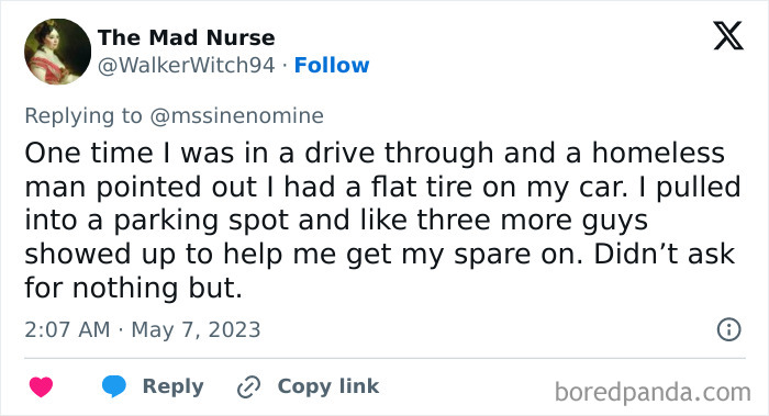Story of a homeless man helping with a flat tire without asking for anything