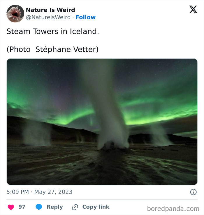 Steam towers emitting vapor in Iceland with northern lights nature is weird