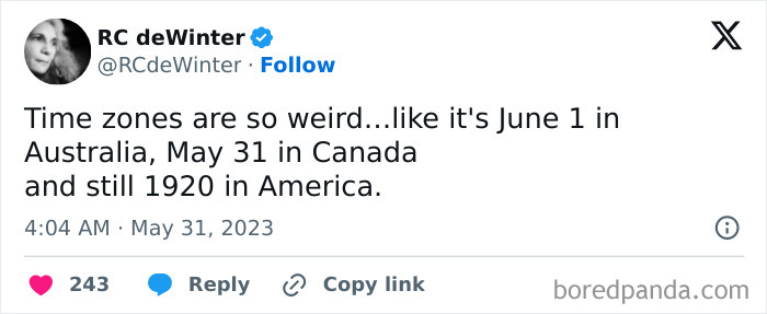Tweet about time zones joke with funny commentary in catchy memes