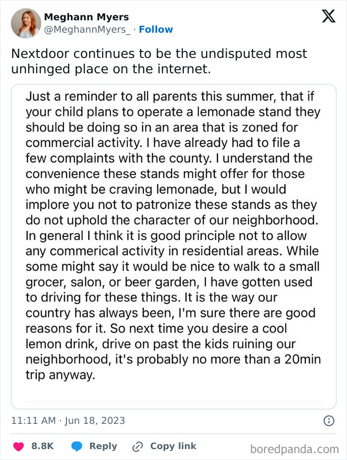 Detailed tweet about lemonade stands and neighborhood rules on Nextdoor