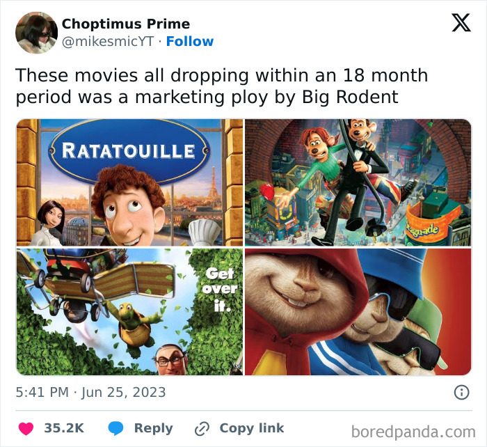 A funny tweet showing movie posters for Ratatouille, Flushed Away, Over the Hedge, and Alvin and the Chipmunks, from hilarious cinephile tweets.
