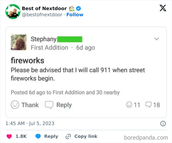 Neighbor warns calling 911 when street fireworks begin