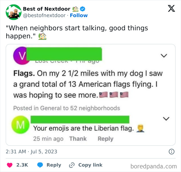 Neighbors discuss spotting American flags during a neighborhood walk with dog