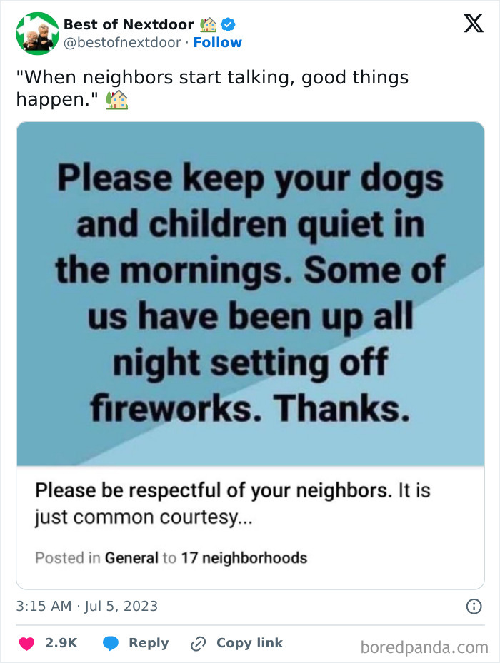 Post asking neighbors to keep dogs and children quiet due to fireworks