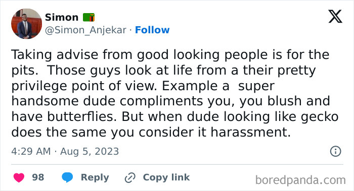 Tweet illustrating pretty privilege affecting perceptions of compliments