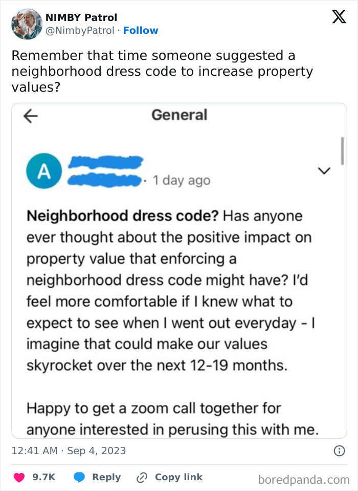 Post suggesting neighborhood dress code to boost property values