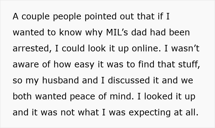 Text discussing discovering MIL's father's arrest online for peace of mind