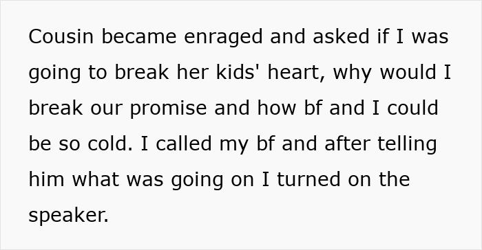 Text about cousin's anger and speakerphone conversation about entitlement dispute Text about cousin's anger and speakerphone conversation about entitlement dispute
