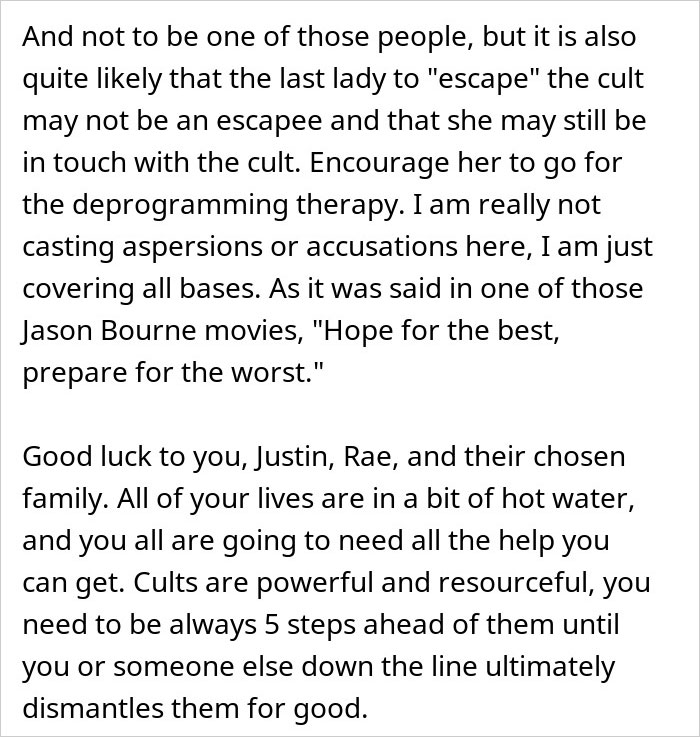 Comment advising caution and therapy for cult escapees