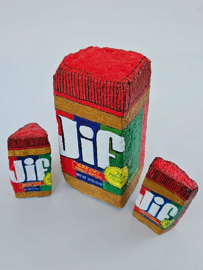 Colorful stone creations of Jif peanut butter jars, turning rocks into iconic foods and famous products.