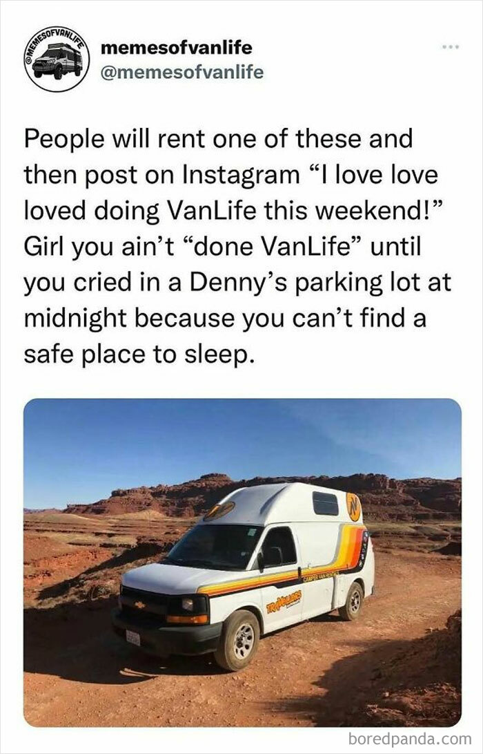A white van with retro stripes on a dirt road, highlighting the reality of living out of a van and homelessness.