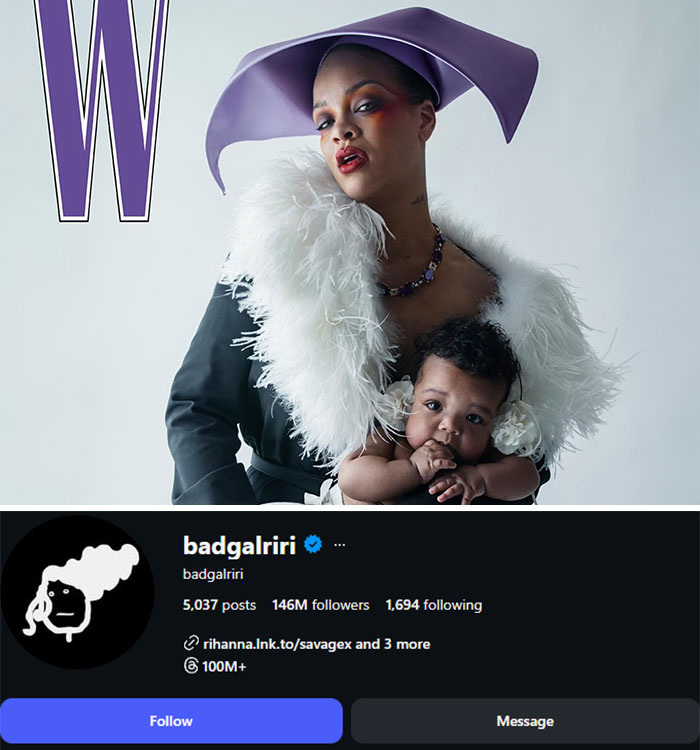 Rihanna in a purple hat and feathered boa, holding a baby. Her Instagram profile shows 146M followers, a significant number for a celebrity.