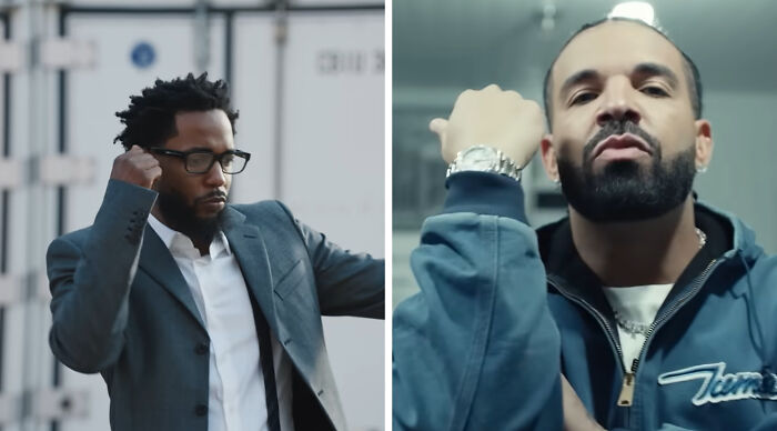 Two men, one in a suit, the other a rapper, representing different tastes in music, like mainstream vs. niche.