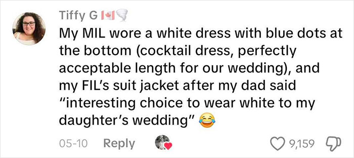 A social media comment details a MIL picking the worst dress by wearing white to her daughter's wedding. A social media comment details a MIL picking the worst dress by wearing white to her daughter's wedding.