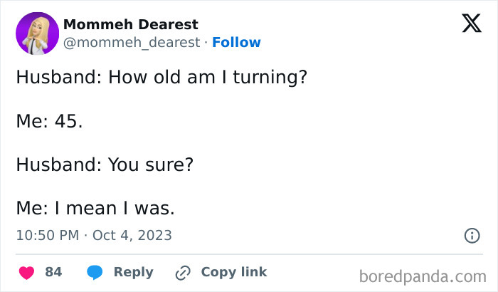 Tweet joking about forgetting husband's age in married life conversation