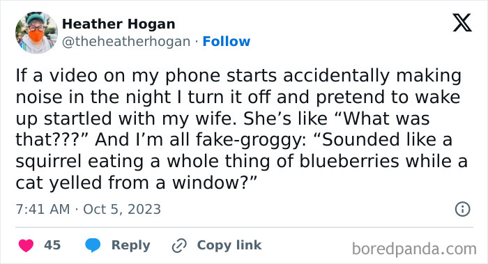 Humorous tweet on married life about fake grogginess and phone noises at night