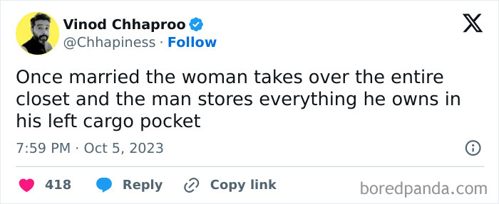 Funny tweet about married couples and closet space dynamics