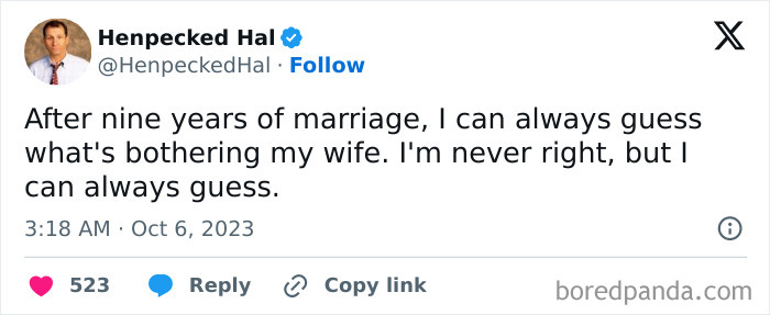 Joke tweet about married life guessing wife's problems but always being wrong