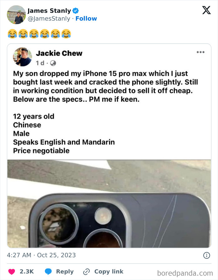 Funny tweet about selling a 12-year-old Chinese boy as iPhone 15 pro max plot twist