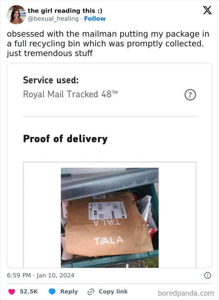 Proof of package delivered inside a full recycling bin by mailman