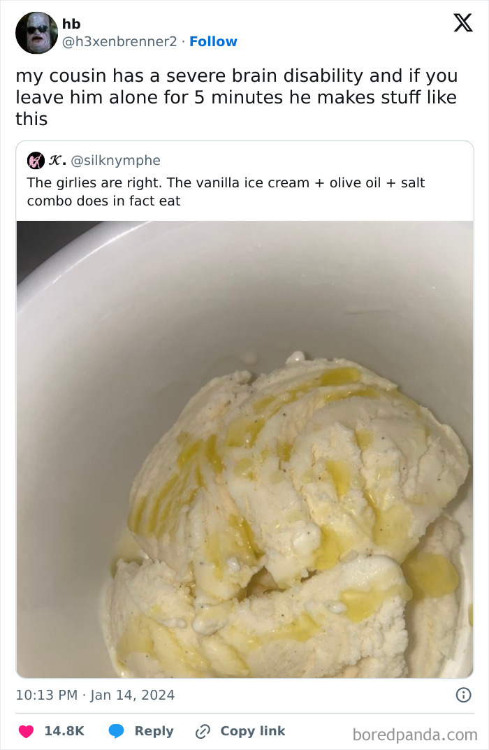Vanilla ice cream drizzled with olive oil in a white bowl