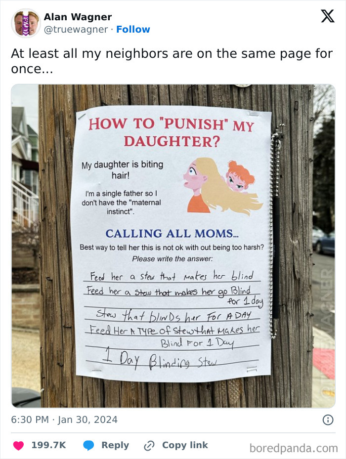 Funny neighborhood sign asking how to punish daughter for biting hair with moms' advice