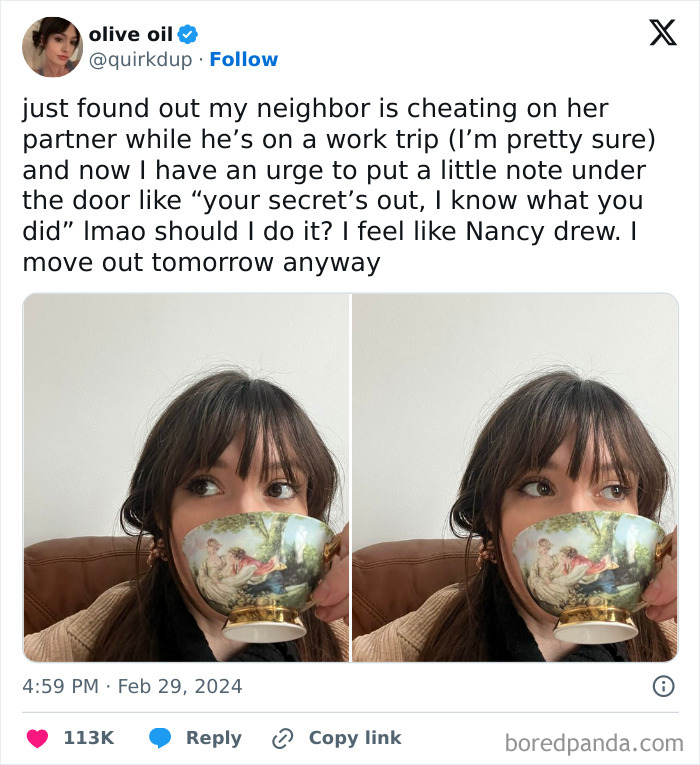 Woman holding teacup, tweeting about neighbor cheating on partner during work trip