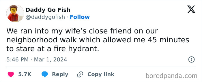 Tweet about wife's friend encounter and watching fire hydrant in married life