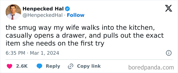 Tweet about wife effortlessly finding items in kitchen in married life