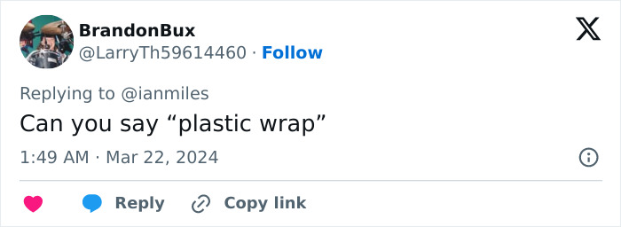 A Twitter user's comment, "Can you say 'plastic wrap'", potentially referencing plastic surgery scrutiny on Megan Fox.