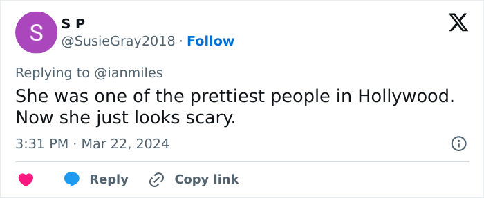 A tweet criticizing a celebritys appearance, stating she now looks scary, possibly referencing Megan Fox plastic surgery.