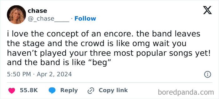 Tweet joking about encore concept and band playing popular songs