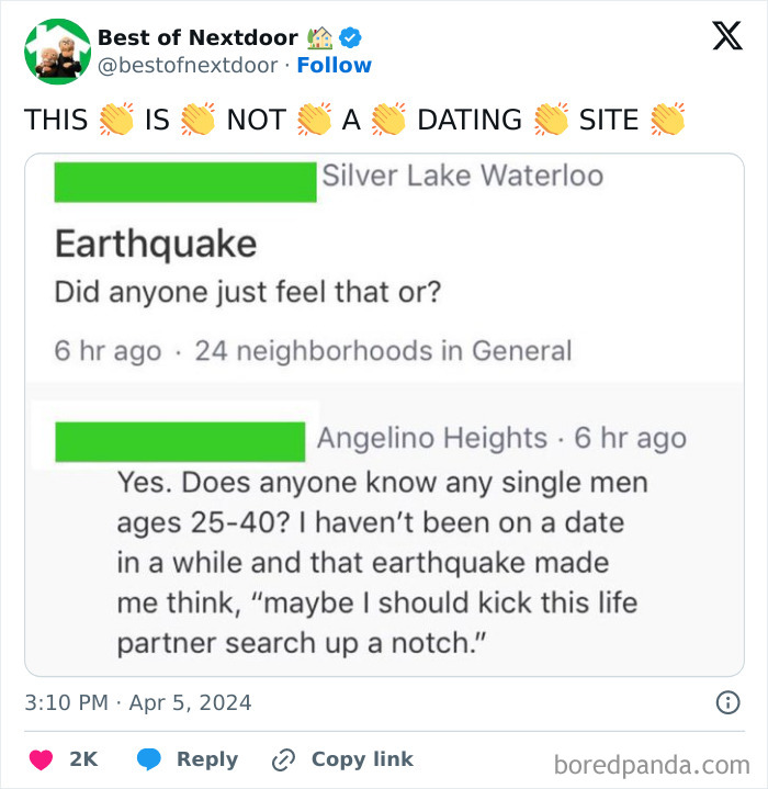 Neighbor post humorously mixes earthquake alert with single men dating request