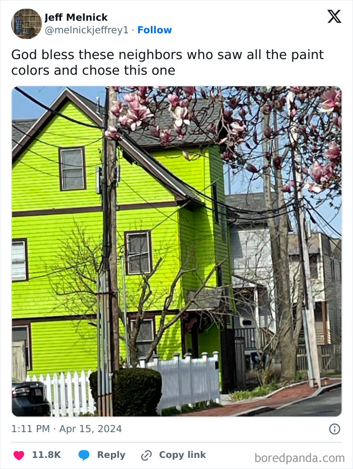 Bright lime green painted house stands out in neighborhood among neighbors