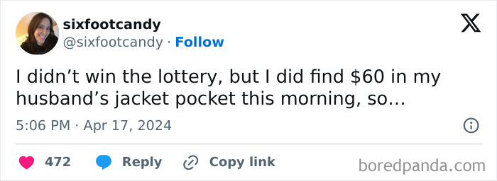 Tweet about finding money in husband’s jacket pocket in married life