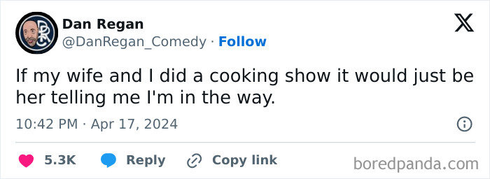 Funny married life tweet about a cooking show with wife telling husband he's in the way