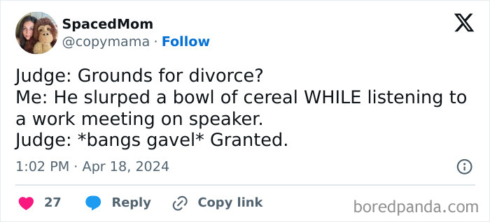 Humorous tweet on cereal slurping during work meeting divorce