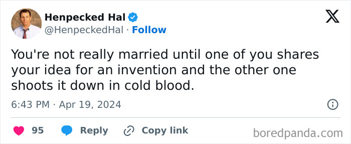 Tweet describing a reality of marriage involving sharing and rejecting invention ideas